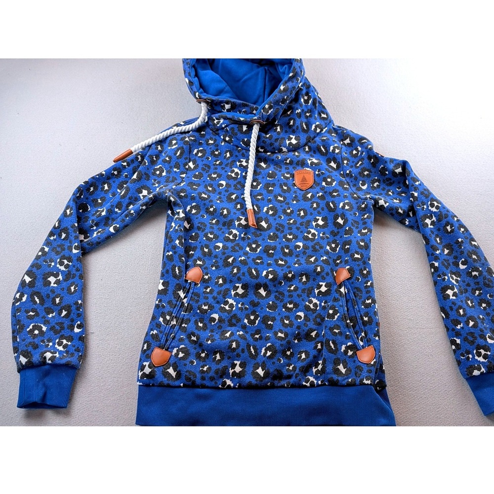 Wanakome Blue Leopard Print Cowl Neck Hoodie XS Vegan Leather Accents Sweatshirt